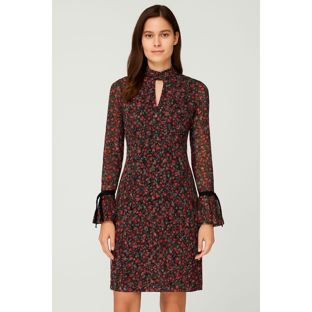 Libby Edelman Dress Women S Black Red Floral Lace Bell Sleeve Mock Neck Lined